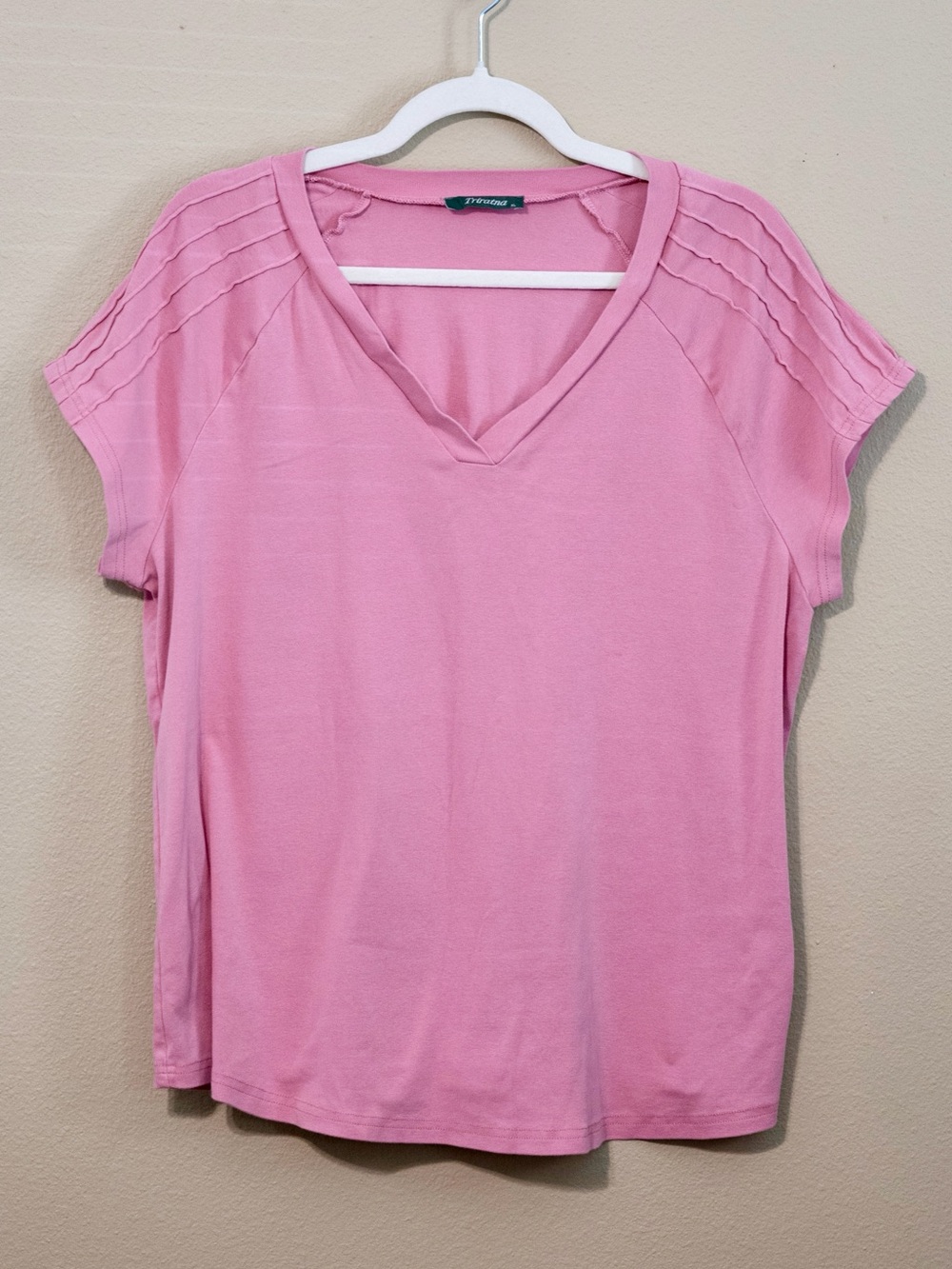 Pink V Neck Tee Pintuck Shoulder Top Casual Summer